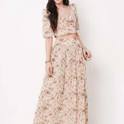 MISH Beige Printed Crop Top With Maxi Skirt image 4