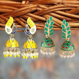 Zaveri Pearls Set of 2 Green & Yellow Enamel Peacock Traditional Jhumki Earring-ZPFK16860-21