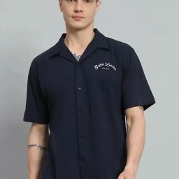Griffel Navy Blue Cotton Loose Fit Printed Shirt-image-83