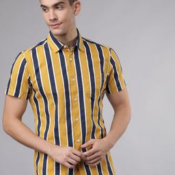 HIGHLANDER Men Navy Blue & Yellow Slim Fit Striped Casual Shirt-image-75