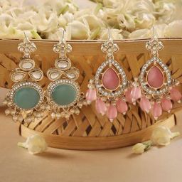 Zaveri Pearls Set of 2 Turquoise Blue & Pink Kundan Traditional Jhumki Earring-ZPFK16865-3