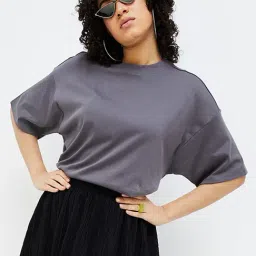 Ginger by Lifestyle Grey Regular Fit Oversized T-Shirt-image-7