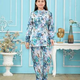 Aarika Kids Sky Blue & White Floral Print Full Sleeves Kurti Set-image-49