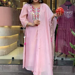 KALINI Women Embroidered Regular Mirror Work Chanderi Silk Kurta with Trousers & With Dupatta-37