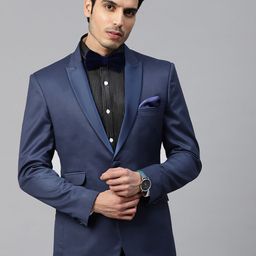 MANQ Men Navy Blue Solid Slim Fit Tuxedo Blazer-image-94