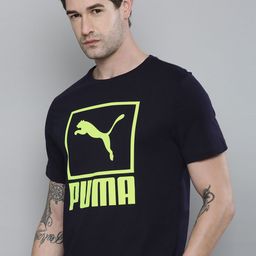 Puma Men Navy Blue Logo Graphic Printed Pure Cotton Slim Fit T-shirt-image-97