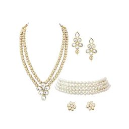 Peora Gold-Plated Champagne Beads Necklace White Choker with Drop & Stud Earrings Set-image-20