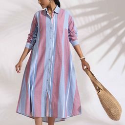 trueBrowns Women Blue Cotton Stripe Flared Shirt Dress-image-19
