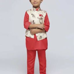 Kids Island Boys Red Solid Full Sleeves Kurta Set-45