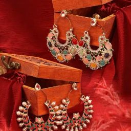 Zaveri Pearls Set of 2 Multicolor Stones Crescent Lotus Ethnic Dangler Earring-ZPFK16874-16