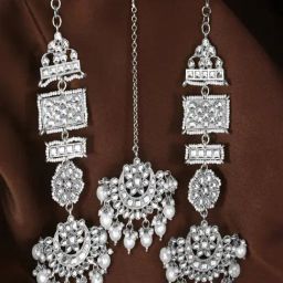 Peora Rhodium White Ethnic Kundan & Lariya Studded Earring & Maangtikka Set-8