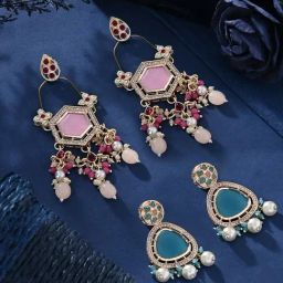 Zaveri Pearls Set of 2 Blue & Pink Kundan Traditional Dangler & Drop Earring-ZPFK16871-17