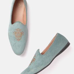 House of Pataudi Men Mint Green & Beige Embroidered Handcrafted Slip-Ons-picture-33