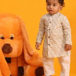 VASTRAMAY Boys Beige & White Printed Full Sleeves Kurta Sets-image-91