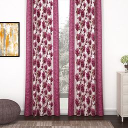 Bedspun Set Of 2 Pink & Beige Printed Polyester Eyelet Ringtop Door Curtains-7 feet-4