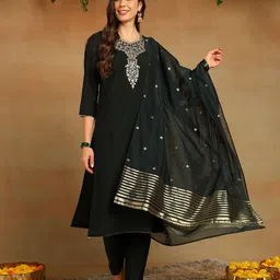KALINI Floral Embroidered Sequuined Straight Kurta With Trousers And Dupatta-51