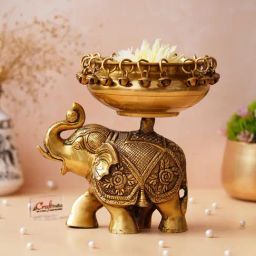 eCraftIndia Golden Brass Urli on Elephant Statue with Bells for Floating Flower-36