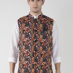 Hangup Men Black & Orange Printed Festive Nehru Jacket-41