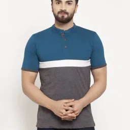 Kalt Men Half Sleeves Mandarin Collar Cotton Blend Stripe T-shirt-image-88