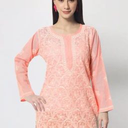 PARAMOUNT CHIKAN Fruity Peach Cotton Hand Embroidered Chikankari Straight Kurti-image-90