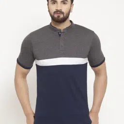 Kalt Men Half Sleeves Mandarin Collar Cotton Blend Stripe T-shirt-image-94