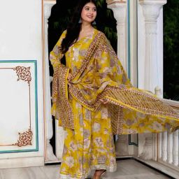 Miravan Yellow Printed Anarkali Kurta With Dupatta image 3