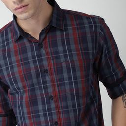 HIGHLANDER Men Navy Blue & Maroon Slim Fit Checked Casual Shirt-image-27