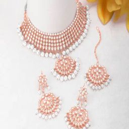 Peora Rose Gold Ethnic Kundan & Beads Studded Necklace, Earring & MaangTikka Set-48