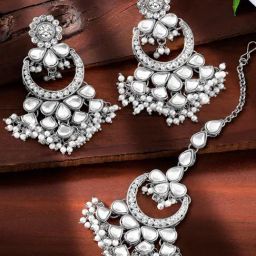 Peora Rhodium White Ethnic Kundan & Lariya Studded Earring & Maangtikka Set-13