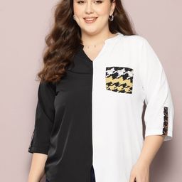 Qurvii+ Plus Size Colourblocked Mandarin Collar Roll-Up Sleeves Crepe Shirt Style Top-99