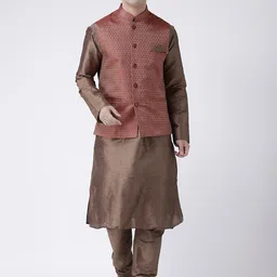 DEYANN Men Brown Self Design Kurta with Churidar & Nehru Jacket-image-66