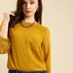 all about you Mustard Yellow Self-Design Round Neck Top-image-75