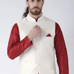 DEYANN Men Off White Solid Dupion Silk Woven Nehru Jacket-picture-28