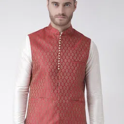 DEYANN Men Maroon & Beige Woven-Design Jacquard Silk Nehru Jacket-26
