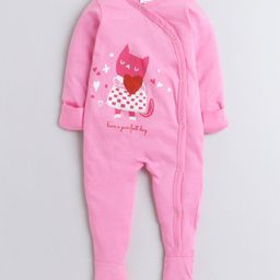Polka Tots Full Sleeves Folded Mittens Style Cat Print Footed Romper - Pink-image-72