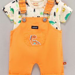 Wow Clothes Dungaree With Half Sleeves Inner T Shirt Dinosaur Print - Orange-picture-7