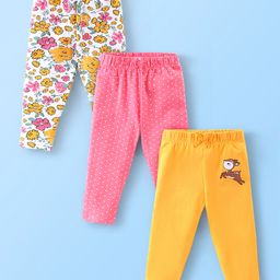 Babyhug Cotton Lycra Full Length Stretchable Leggings Floral & Deer Print Pack of 3- Yellow Pink & White-image-75
