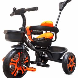 Kidsmate Thunder Plug N Play Kids Baby Tricycle with Safety Guard Rail and Parental Control Storage Basket Fabric Cushion Seat & Bell Boys Girls - Black & Orange-image-54