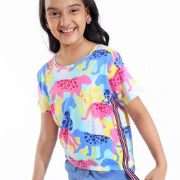 Pine Kids Cotton Half Sleeves Top with Side Tape & Cheetah Print - Limpet Shell-image-71