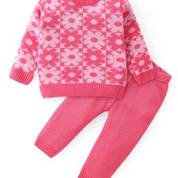 Babyhug Knitted Full Sleeves Sweater Set with Floral Design - Pink-18