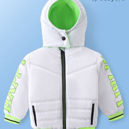 Babyoye Woven Full Sleeves Front Open Padded Hooded Jacket with Text Print - White-23