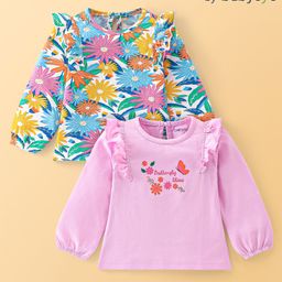 Babyoye 100% Cotton Full Sleeves Top with Frill Detailing & Floral Print Pack of 2-Green & Pink-image-70