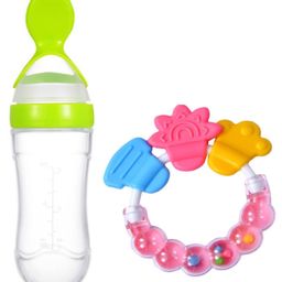 Joy Buzz Baby Silicone 90 ml Spoon Feeder & Rattle Teether Pack Of 2 - Green & Pink-8