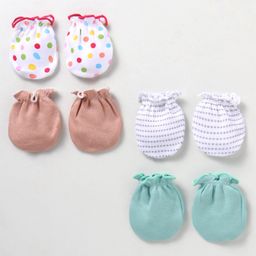 Ben Benny 100% Cotton Knit Mittens Solid Polka Dots & Stars Print Pack of 4 - Brown & White-18