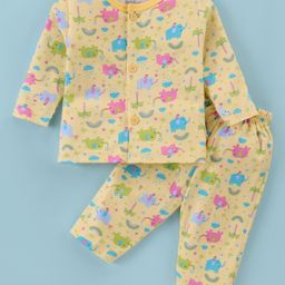 Child World InterlockKnit Full Sleeves Front Open Night Suit with Elephant Print - Golden-picture-4