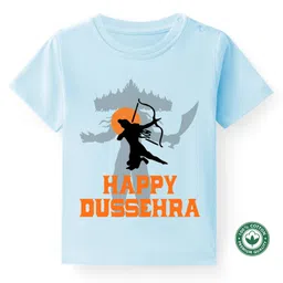 BLUSHES Dussehra Theme 100% Cotton Half Sleeves Happy Dussehra Text Printed Tee - Powder Blue-picture-33