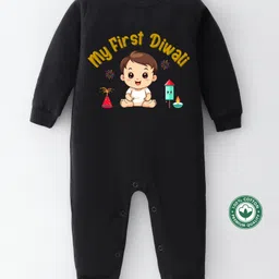 BLUSHES Diwali Theme 100% Cotton Full Sleeves My First Diwali Text Printed Romper - Black-picture-24