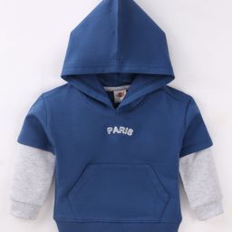 Zero Cotton Knit Full Doctor Sleeves Hooded Sweatshirt with Text Print & Kangaroo Pockets - Teal Blue-image-47