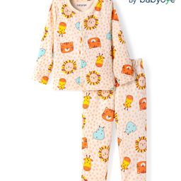 Babyoye 100% Cotton Knit With Eco Jiva Finish Full Sleeves Night Suit With Animal Print - Peach-image-84