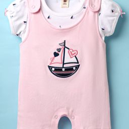 ToffyHouse Knitted Woven Half Sleeves Dungree Style Romper With Boat Print - Pink & White-image-14